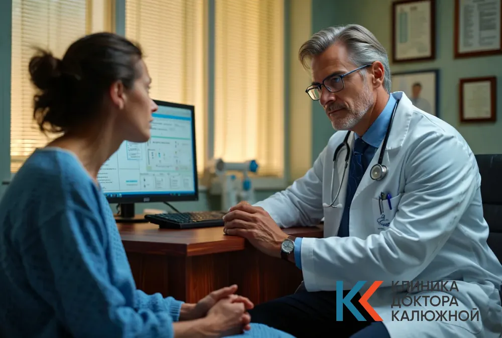 Врач-аддиктолог и пациент в кабинете клиники